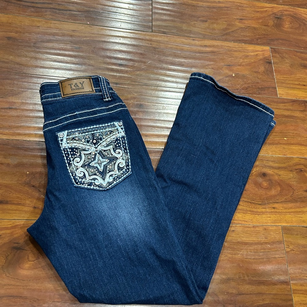 Women's Dark Blue Boot Cut Jeans with Embellished Pocket, T&Y Fashion Jeans, 5/6